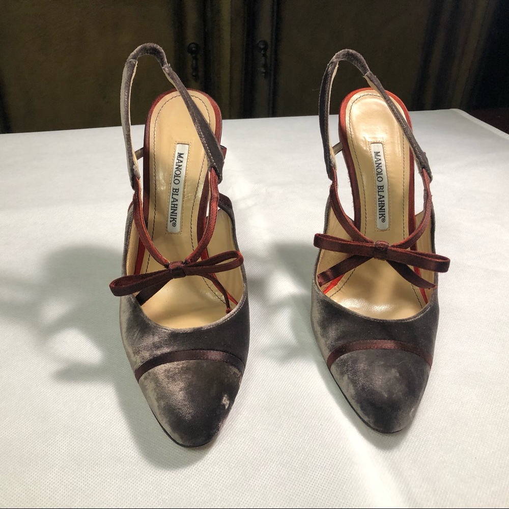 Manolo Blahnik Velvet Slingback Pumps.